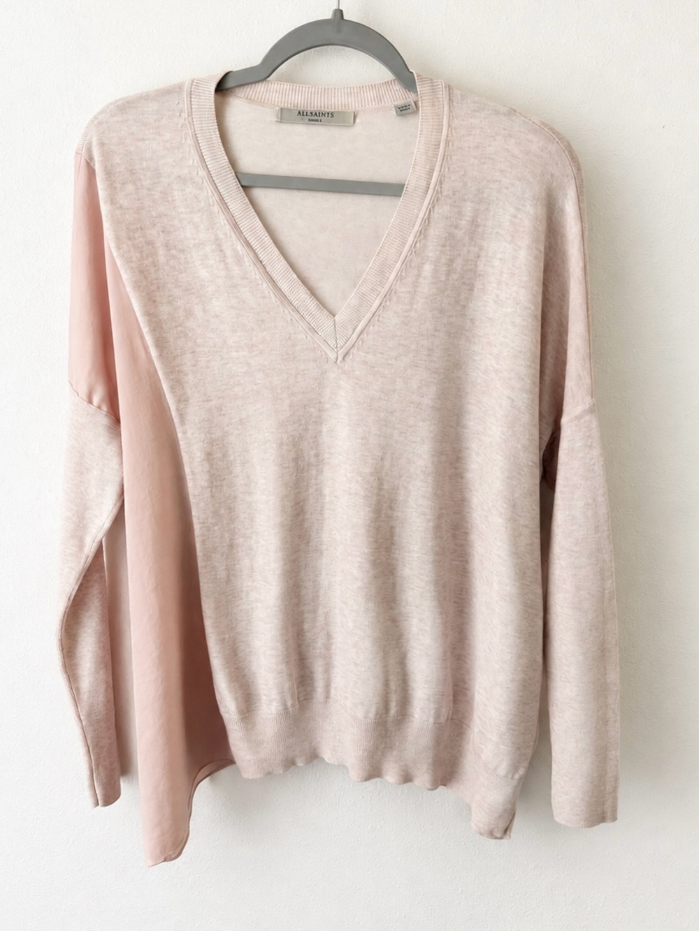 AllSaints Alda Panel V-Neck Sweater Small Blush Pink Mixed Media